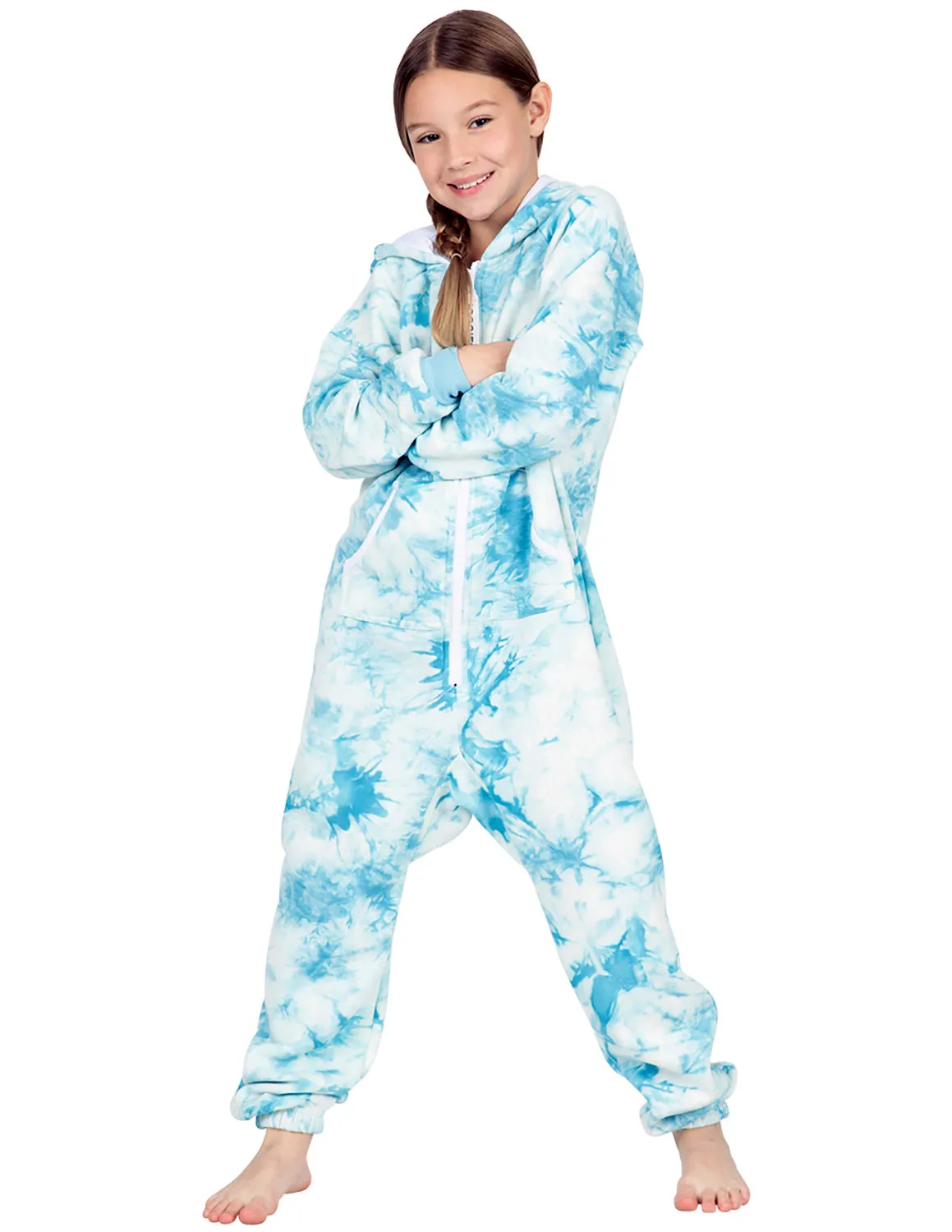 Tie Dye Blue Kids Footless Hoodie Onesie